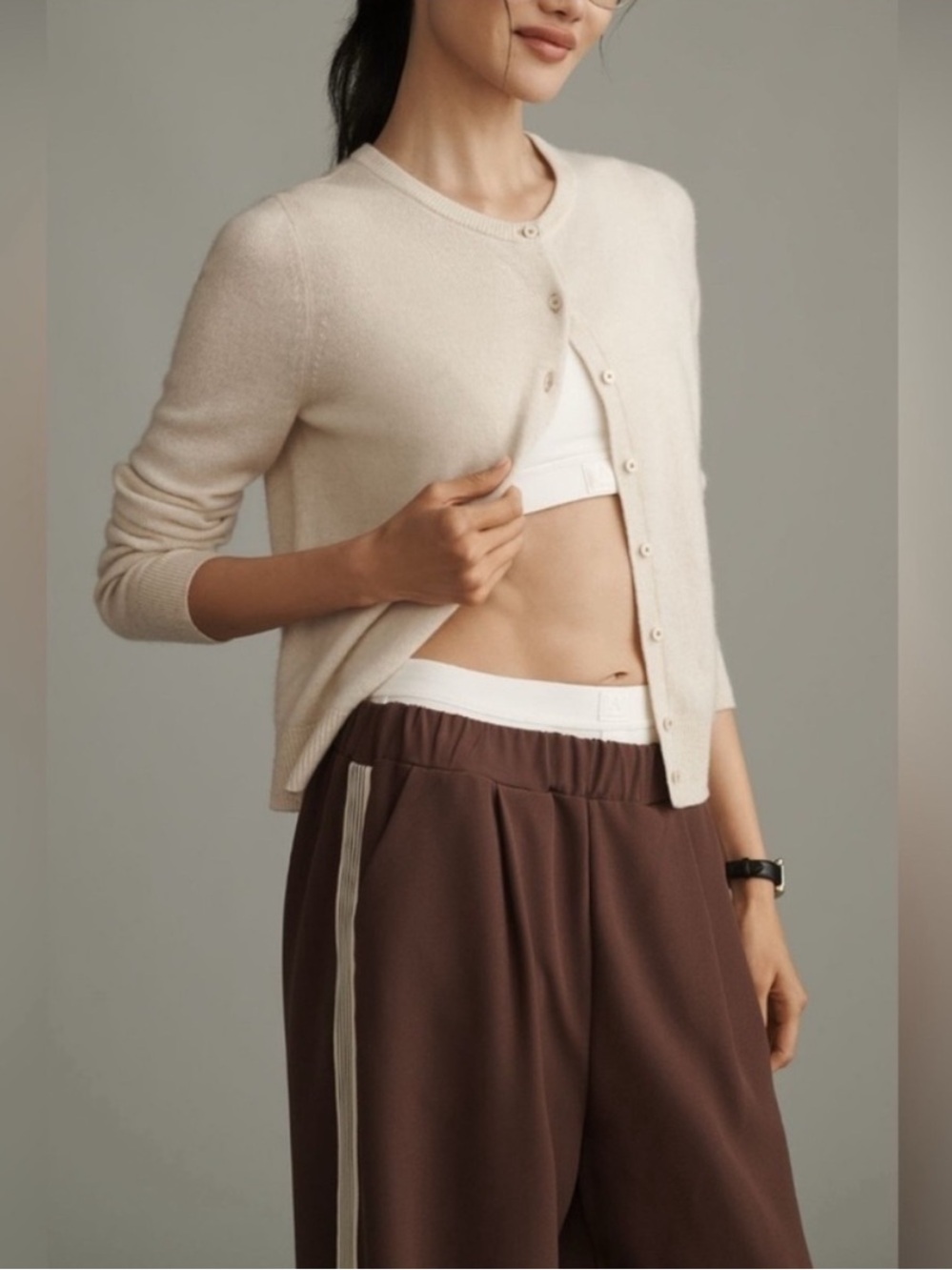 Maeve for Anthropologie “Aaron” Brown Wide-Leg Track Pants Cream Side Stripe NWT - Picture 2 of 14